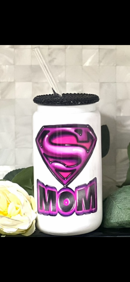 “Super Mom” Tumbler w/Rhinestone Lid