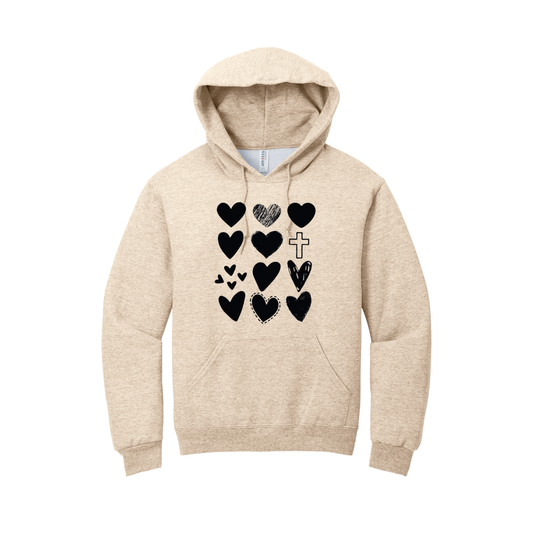 ***Pre-Order*** “Hearts and the Cross” Hoodie (Sweet Cream Heather)