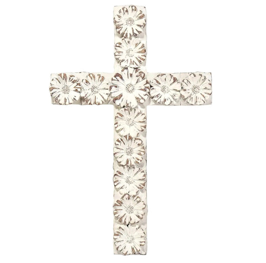 White Floral Resin Wall Cross