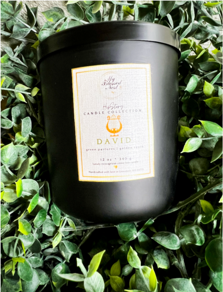 12 oz David Candle, label facing upward, from our His Story Candle Collection