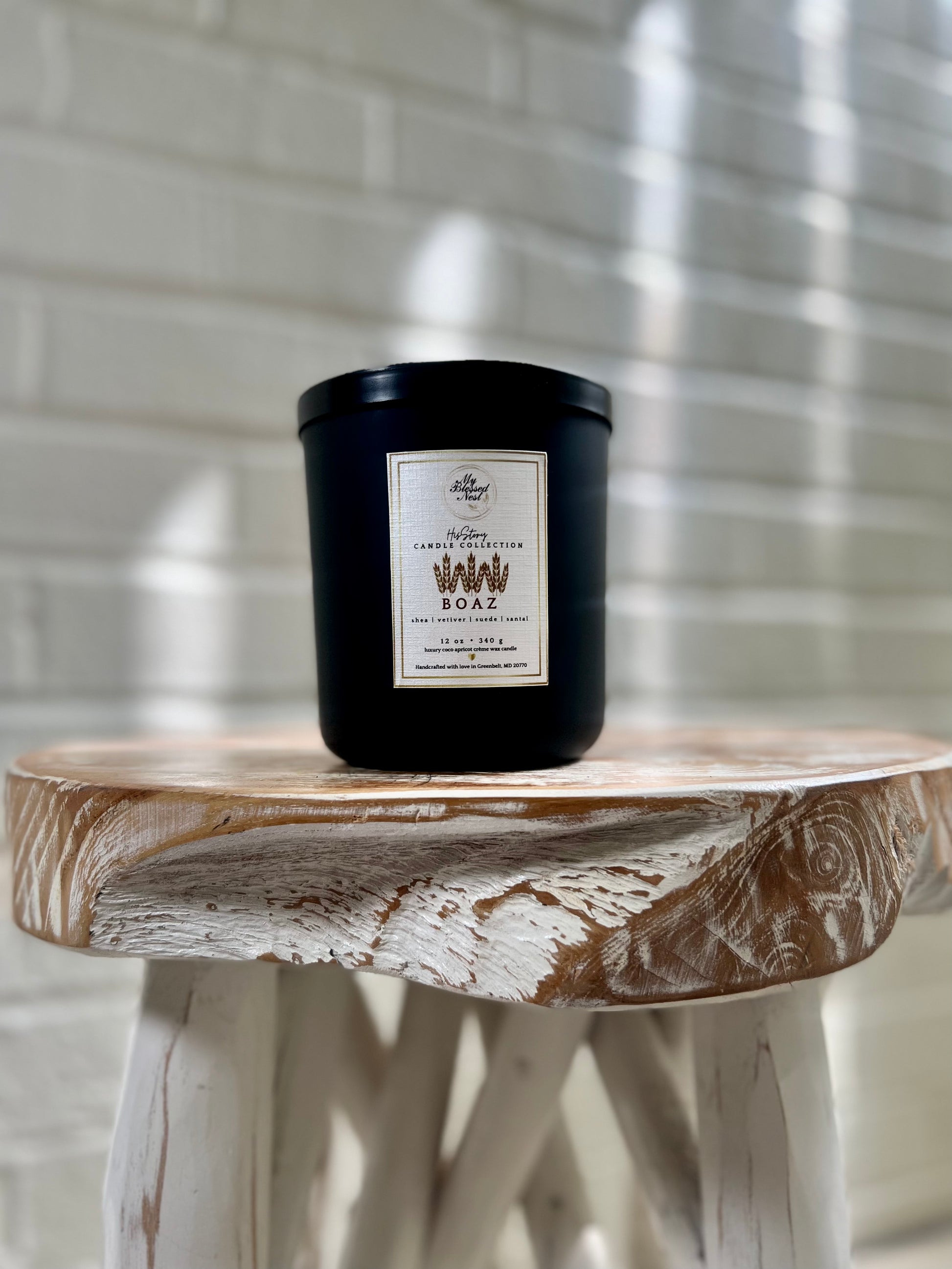12 oz. Boaz Candle, front facing1 label, from our His Story Candle Collection